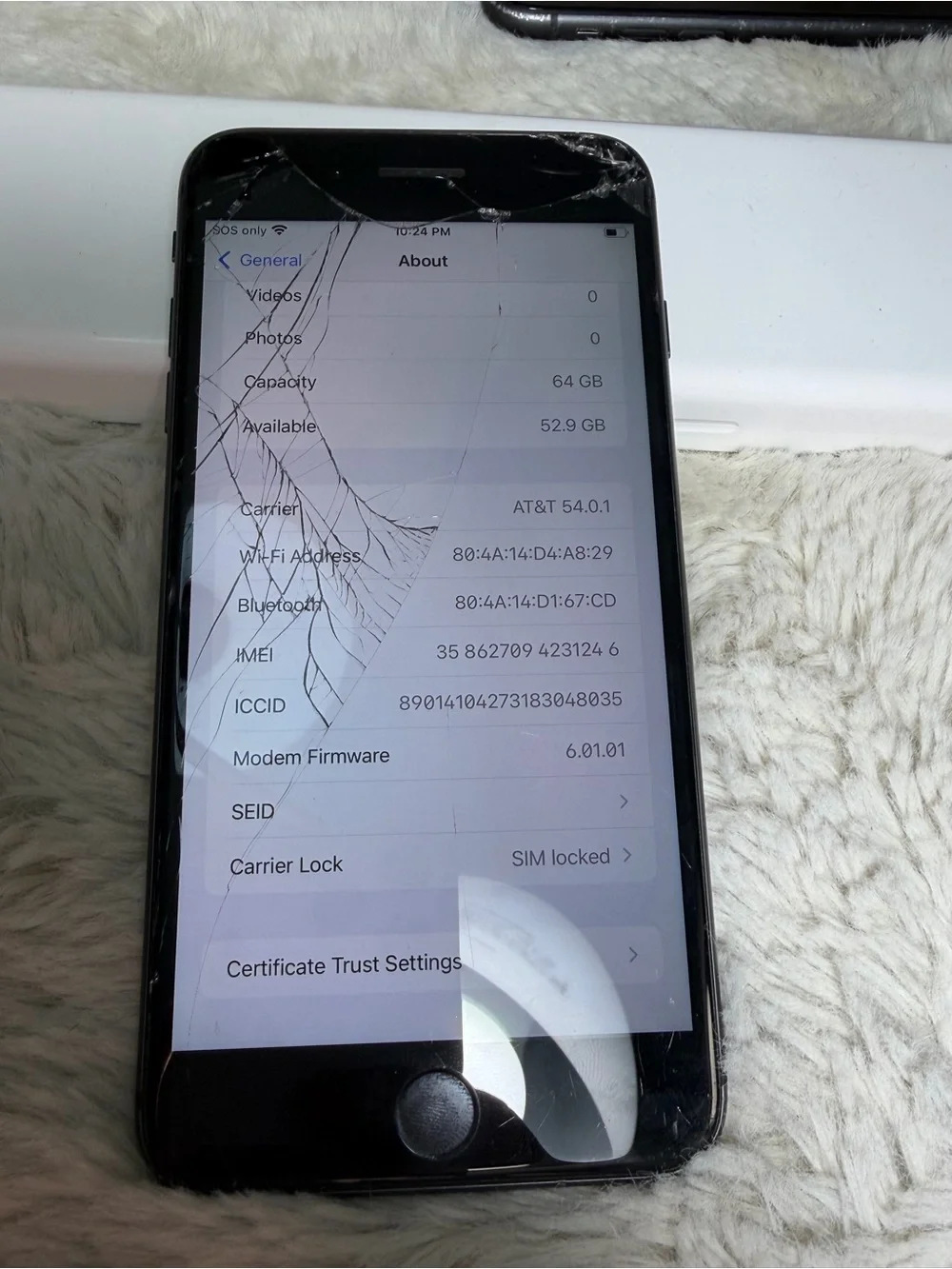 Apple Iphone 8 plus 64 gb AT&T (cracked screen)